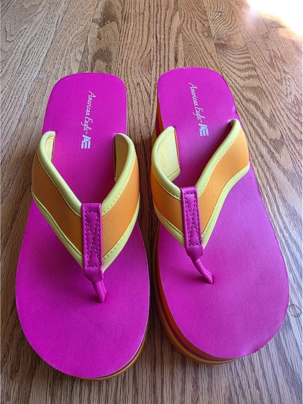 Y2K Vtg American Eagle Platform Flip Flops Chunky Wedge Pink and Orange Size 8